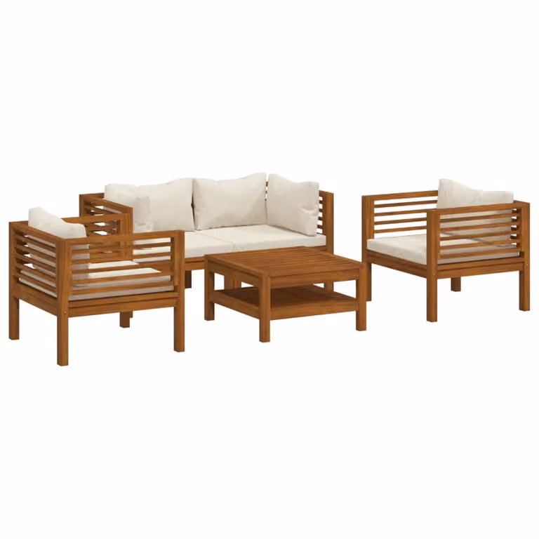 Set Divani da Giardino 5 pz con Cuscini Crema in Legno Acacia