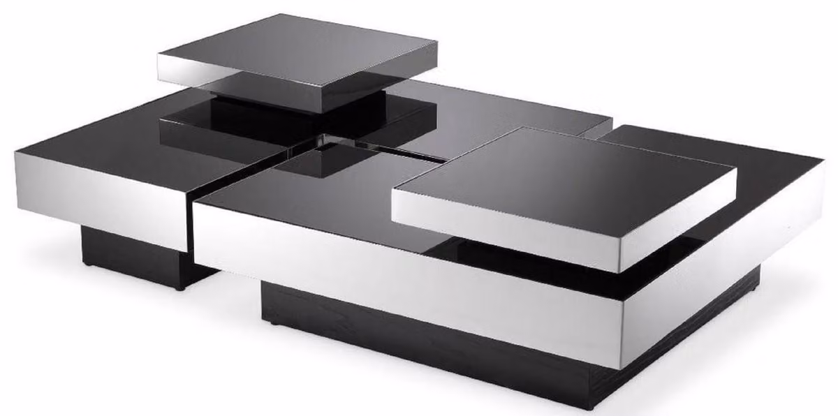 Casa Padrino set di tavolini argento / nero - 2 tavolini da salotto a L con 2 vassoi quadrati - Mobili Soggiorno - Collezione Lusso