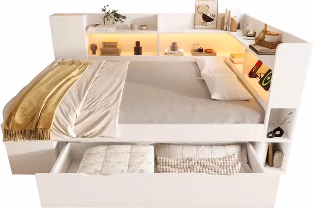 Letto matrimoniale 140x200 con materasso; letto bianco con led; prese USB e letto con cassetti e mensole integrati