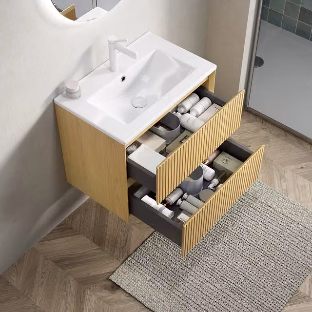 Mobile bagno con lavabo - Xylo - 60 cm - Colora legno - 2 cassetti ceramica bianco