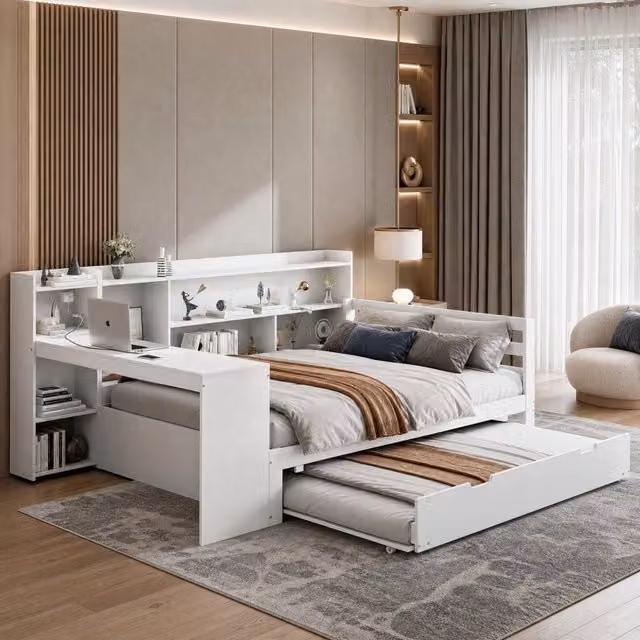 Letto multifunzionale ULEVR 140x200 cm con letto estraibile, scrivania, scaffali e prese USB, bianco