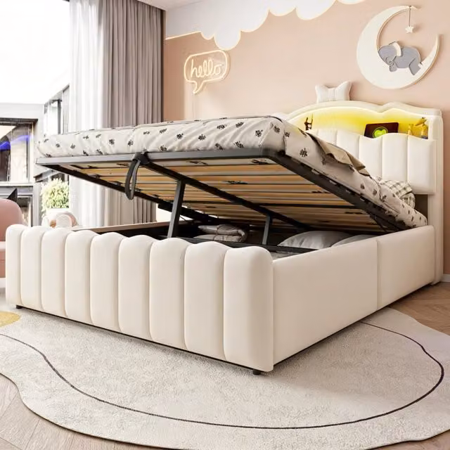 Letto imbottito 140x200 cm con contenitore; LED e porte USB; in velluto beige
