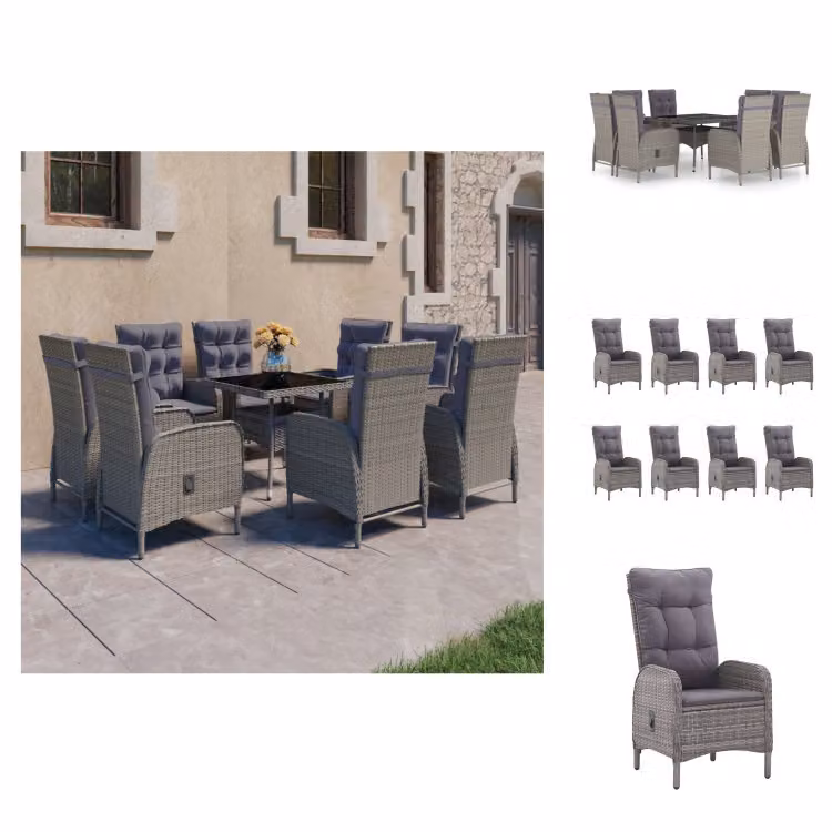 vidaXL Set da pranzo da giardino 9 pezzi in rattan e vetro grigio - Set di mobili da giardino
