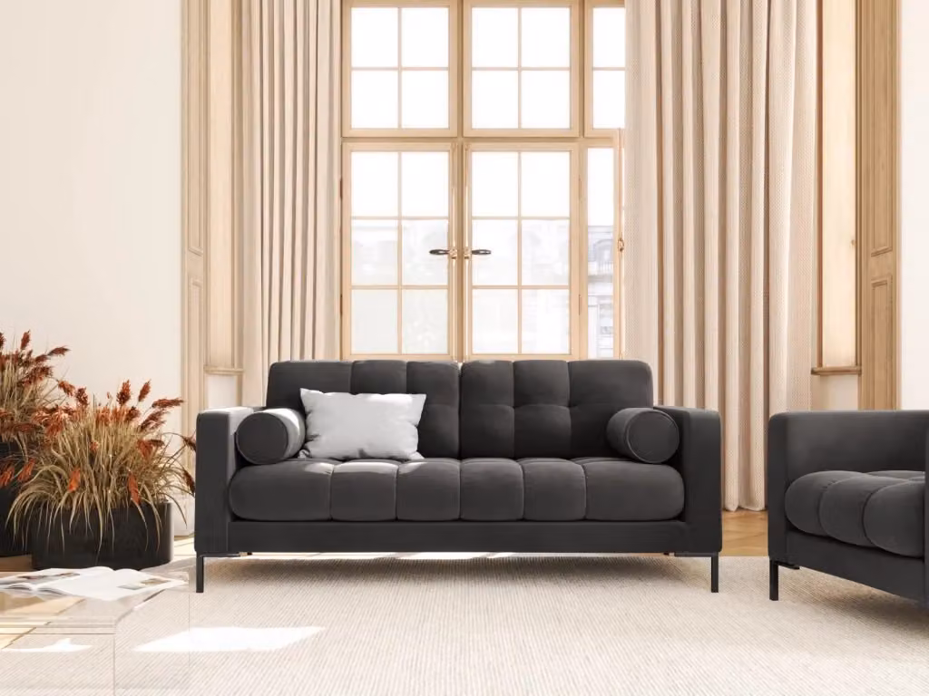 Divano 2 posti Bali Cosmopolitan Design in velluto grigio con cuscini, L: 152 cm, P: 75 cm, H: 92 cm – 2