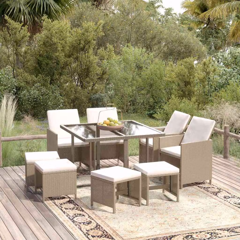 vidaXL Set da Pranzo da Giardino 9 pz in Polyrattan Beige con Cuscini e Tavolo in Vetro
