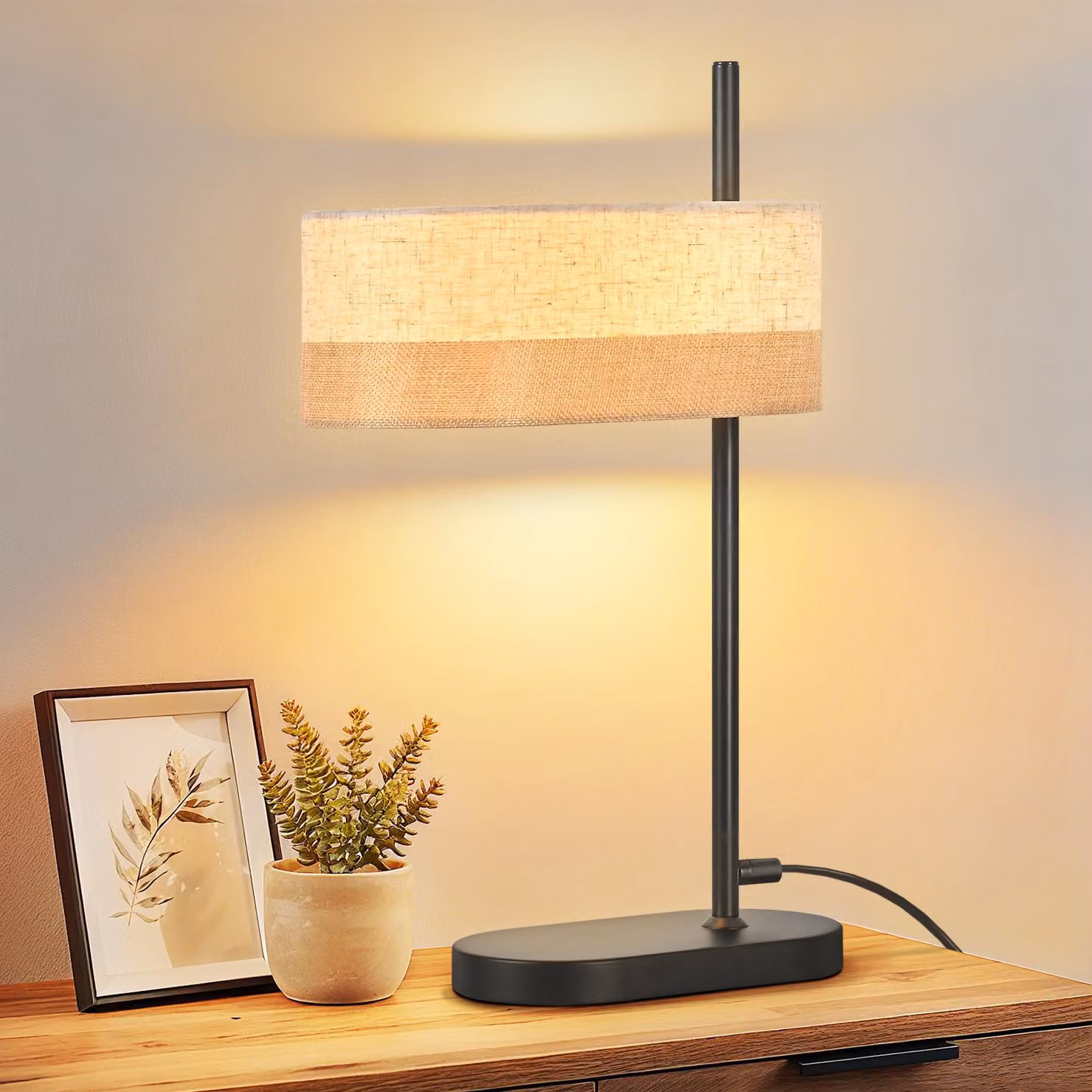 ZMH lampada da tavolo soggiorno lampada da tavolo nera lampada da comodino in tessuto E14 lampada da comodino con cavo lampada da letto lampada da notte retrò per studio