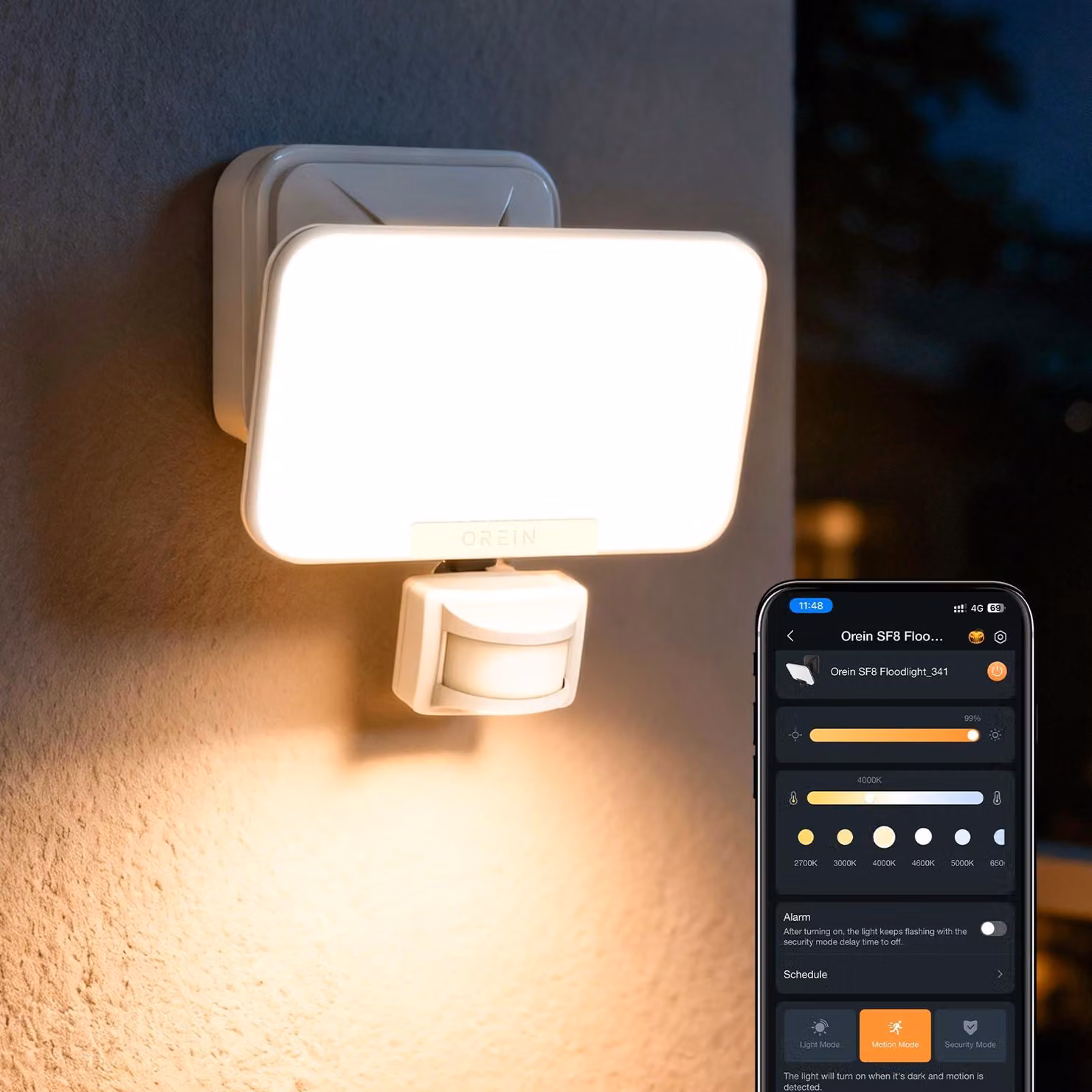Faretto LED da esterno da 28W/3000 lumen con sensore di movimento, controllo tramite app, grado di protezione IP65