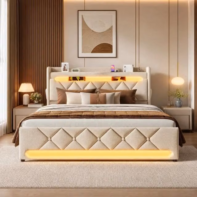 Letto matrimoniale 140x200 cm con contenitore idraulico; LED; USB e USB-C; lino beige