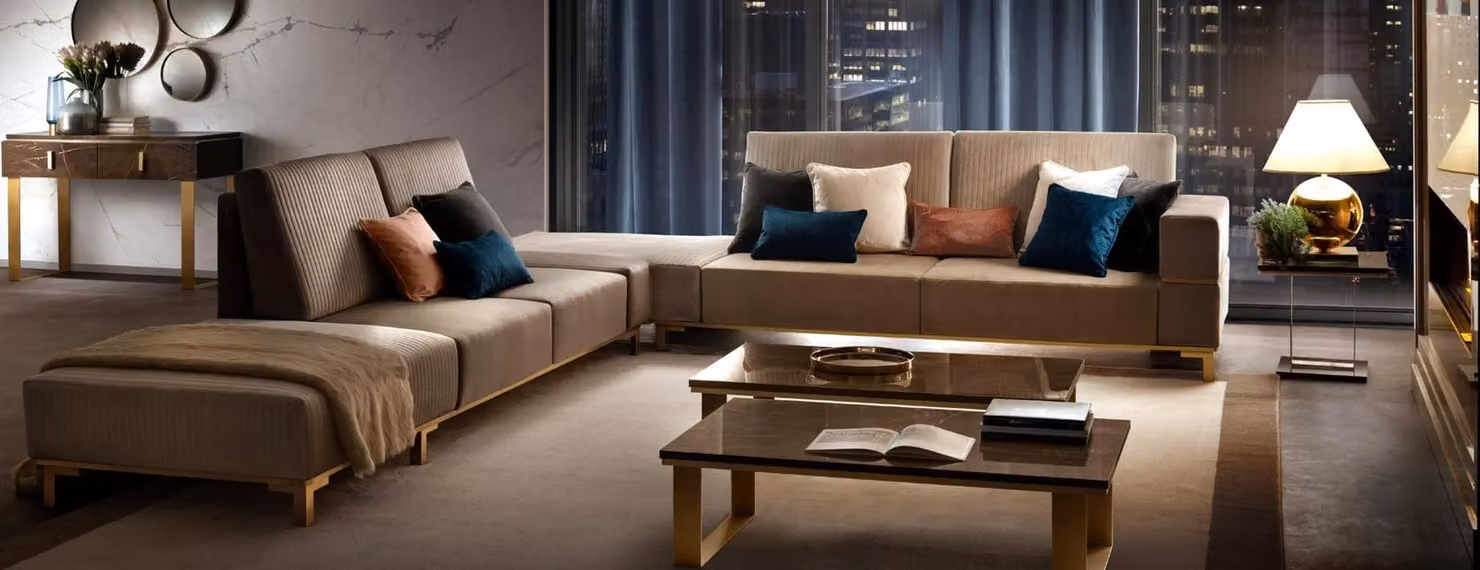 Luxus Möbel Ecksofa L-Form Couch Design Polsterung Textil Sofas Holz Garnitur