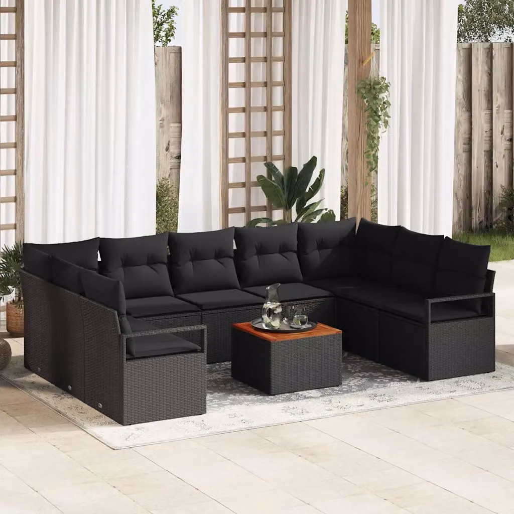 Set Divano da Giardino vidaXL 10 Pezzi a Forma di L con Tavolino e Cuscini Nero – 1