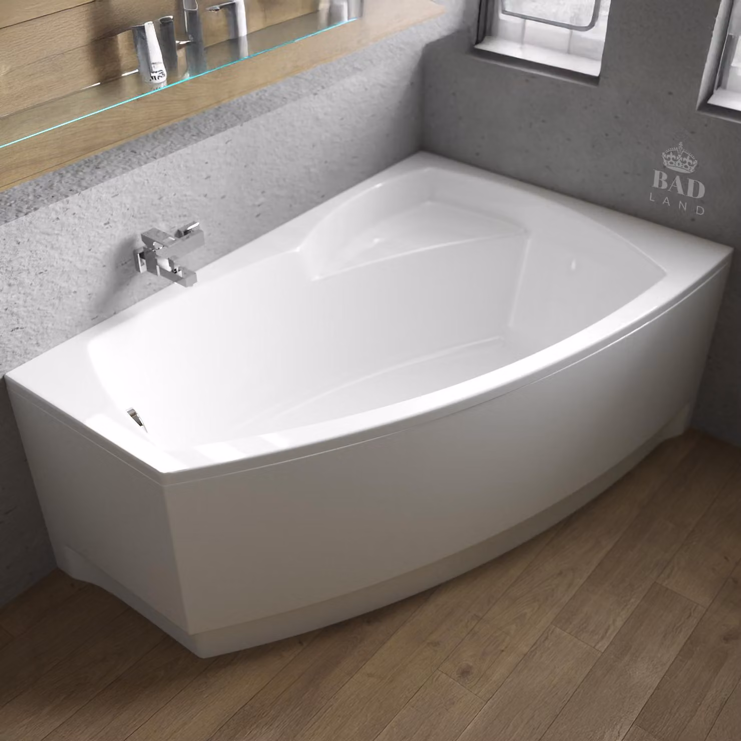 Vasca angolare 140x90 destra con grembiule in acrilico, set di scarico e piedini GRATIS | Set completo 4in1 Vasca originale in acrilico Siphon | BADLAND FRIDA