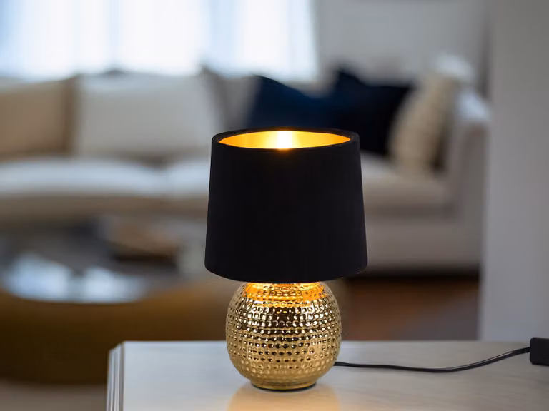 Lampada da tavolo a LED in stile rustico, base in Vetroceramica nera/oro, paralume in velluto, lampada da comodino