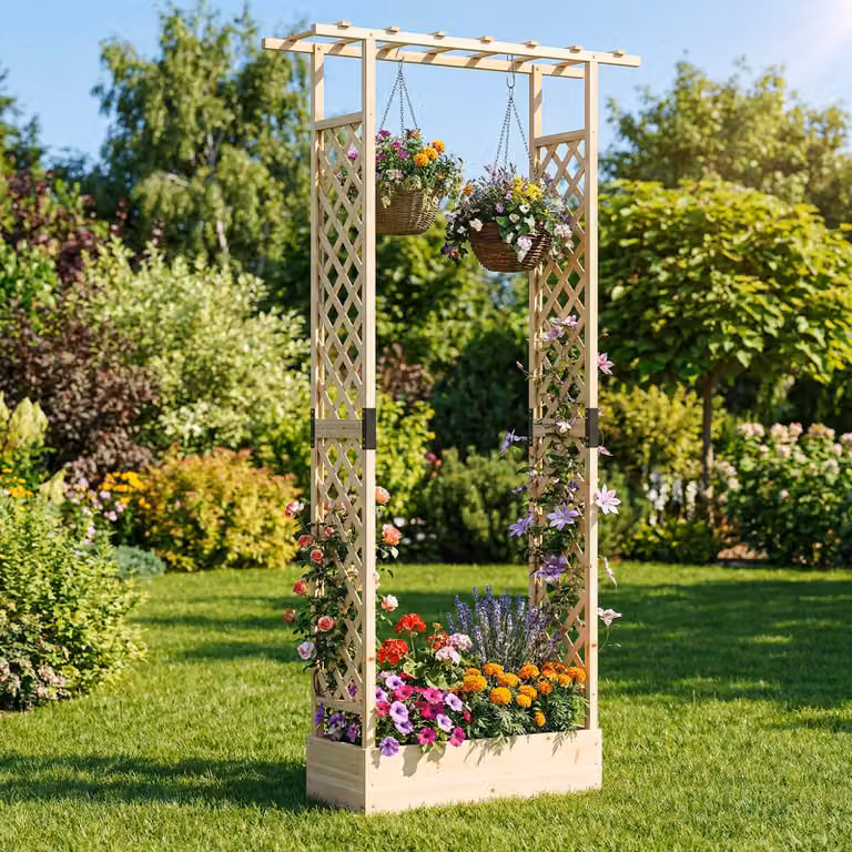 Letto da giardino rialzato con traliccio e drenaggio integrato Costway in legno di abete colore marrone per piante da interno ed esterno