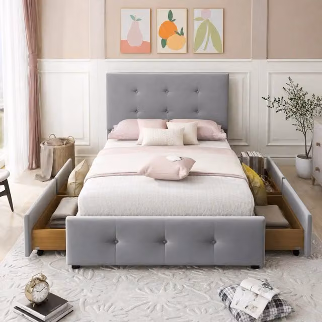 Letto imbottito Mivray in velluto grigio con cassetto e struttura in acciaio L/P/H: 90 x 200 cm