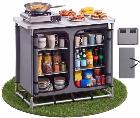 VEVOR Mobile Portaoggetti Pieghevole Portatile, Tavolo Cucina Portatile Telaio in Alluminio da Esterno Postazione Compatta da Campeggio Picnic Viaggio Feste all'Aperto 6 Ripiani Borsa da Trasporto