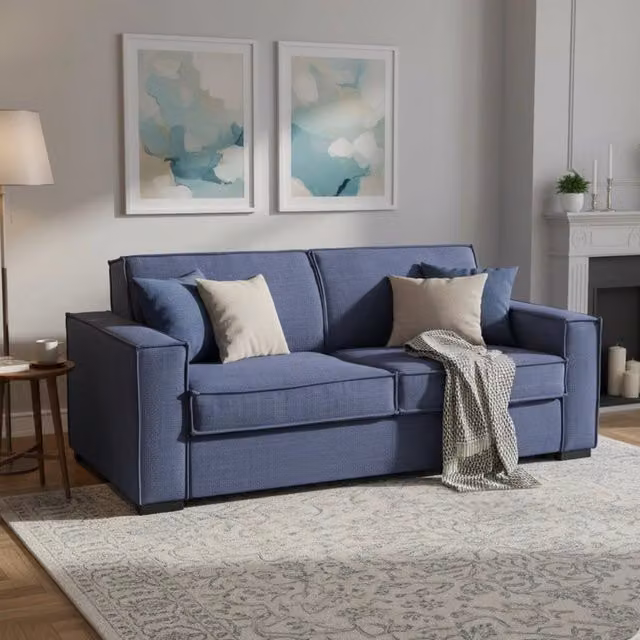 Divano Letto Alk Talamo Italia, Divano a 2 posti con apertura girevole e braccioli slim, Rivestimento in tessuto blu, L: 160 cm, H: 90 cm, P: 95 cm