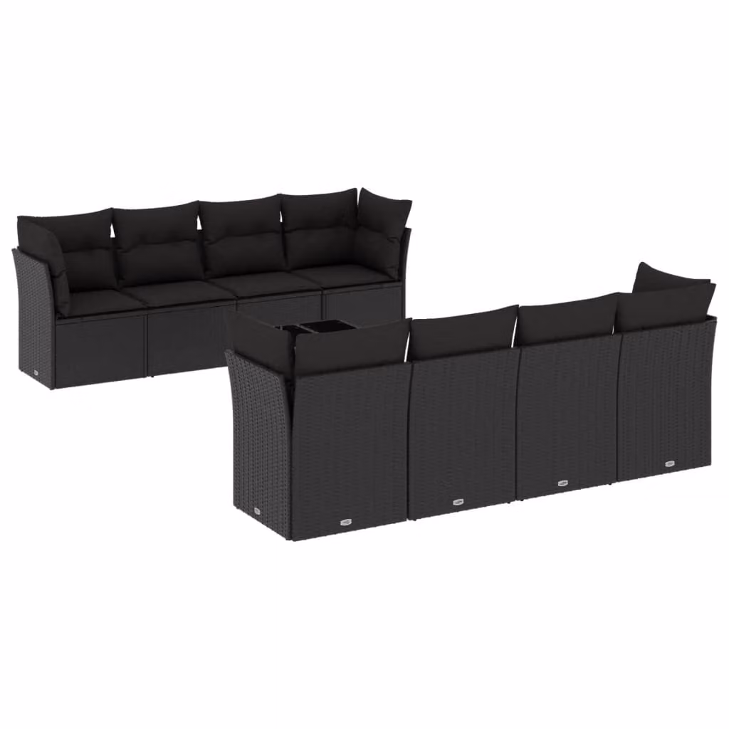 Set Divani da Giardino 9 pz con Cuscini Nero in Polyrattan