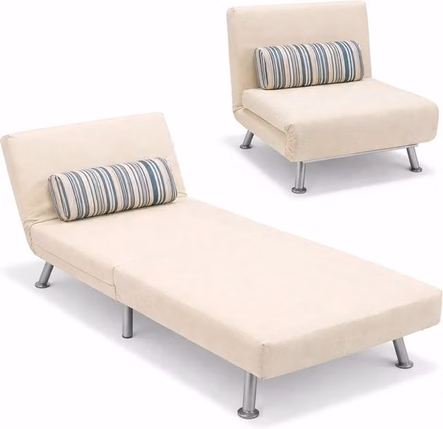 Poltrona Letto 1 Posto Schienale Reclinabile in Metallo e Tessuto 75x73x73 Salvaspazio Crema