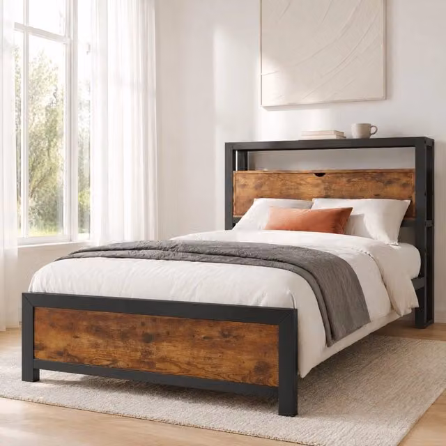 Letto singolo MODFU in metallo e legno con testiera contenitore e ripiani laterali, stile industrial, L/P/H: 90 x 200 cm, colore marrone e nero