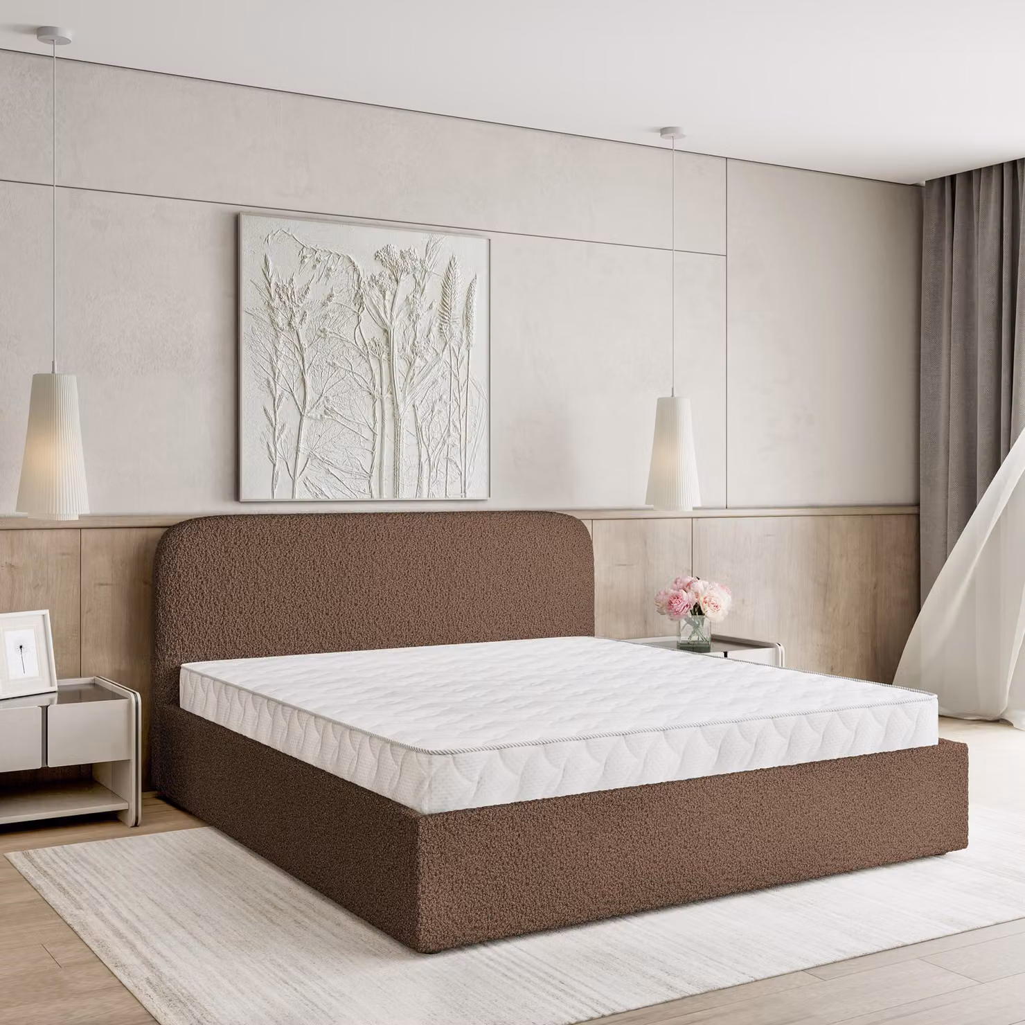 Masseno Letto imbottito RENIVE 140x200 cm, Letto imbottito con comodini - Marrone, FONTE 25