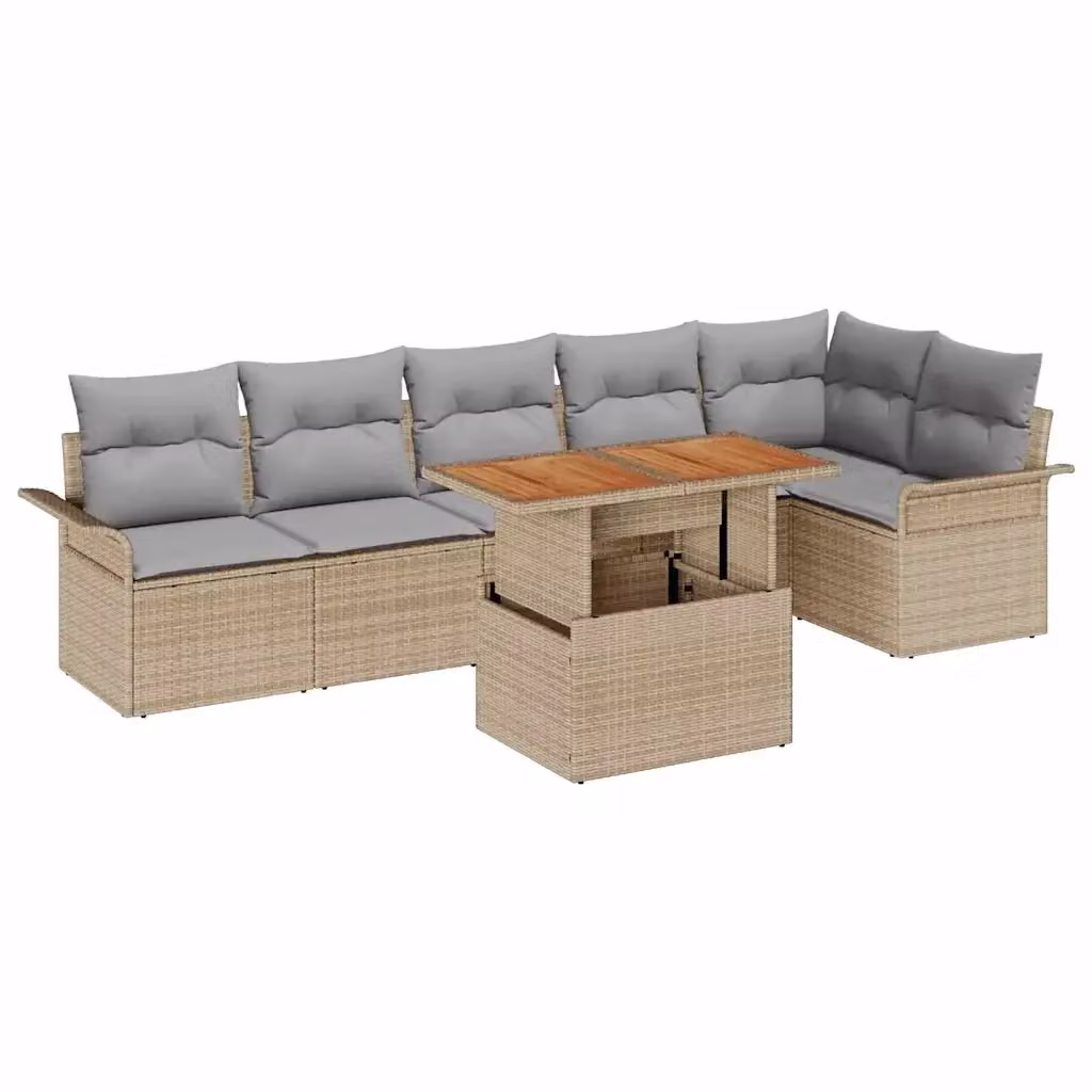 Set Divano da Giardino vidaXL a Forma di L in Polyrattan con Tavolino e Cuscini, 7 Pezzi, Beige e Grigio – 2