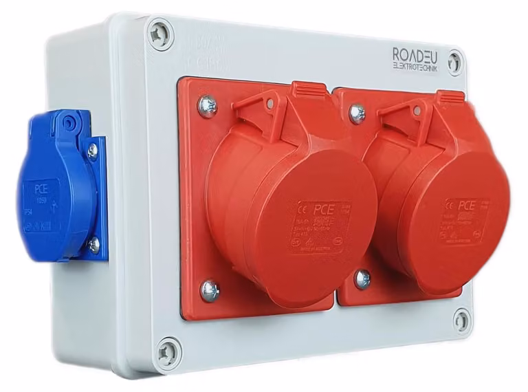 Distributore di corrente CEE con 2 prese CEE da 16A, 5 poli, 400V e 2 prese Schuko da 230V