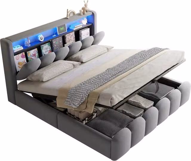 Letto matrimoniale 180x200 cm con contenitore idraulico; LED e USB-C in velluto grigio