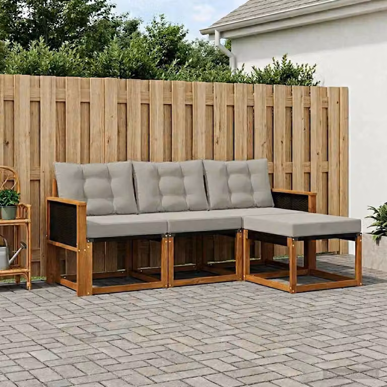Set di divani da esterno vidaXL a forma di L in legno di acacia con pouf e cuscini, beige e grigio