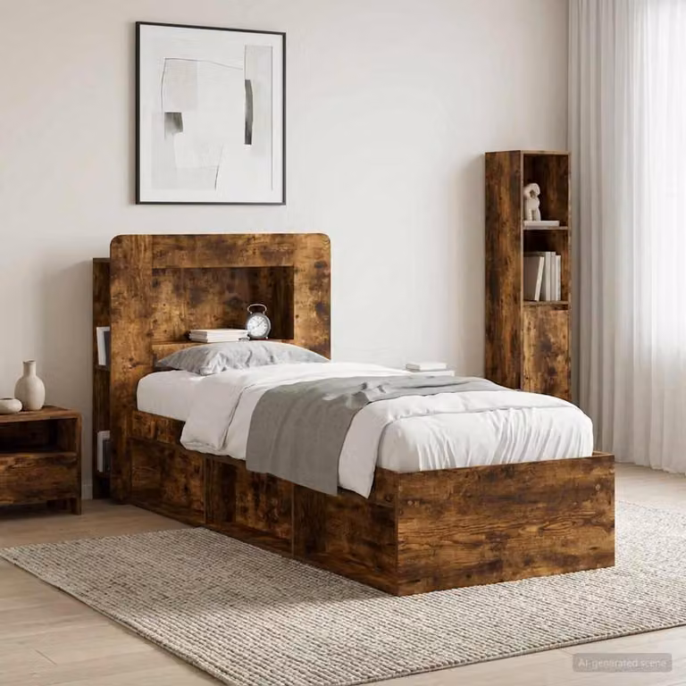 Testata del letto moderna vidaXL in legno ingegnerizzato colore Rovere Fumo con ripiani integrati