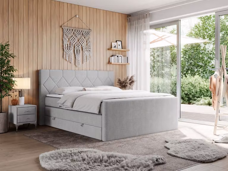 Letto boxspring con materasso matrimoniale, due cassetti portaoggetti, coprimaterasso, per camera da letto - KING EIGAR - 120x200 cm - Grigio chiaro - H3