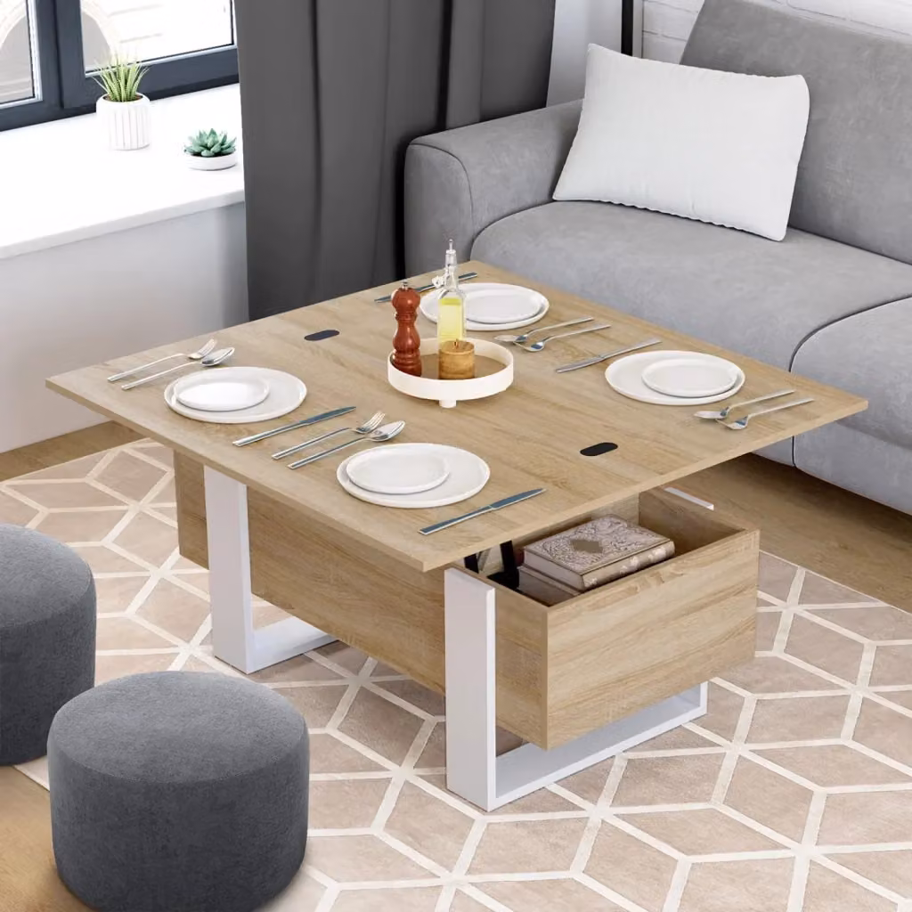 IDMarket Tavolino rettangolare trasformabile in tavolo da pranzo PHOENIX in legno e bianco con meccanismo a sollevamento e piano estensibile – 2