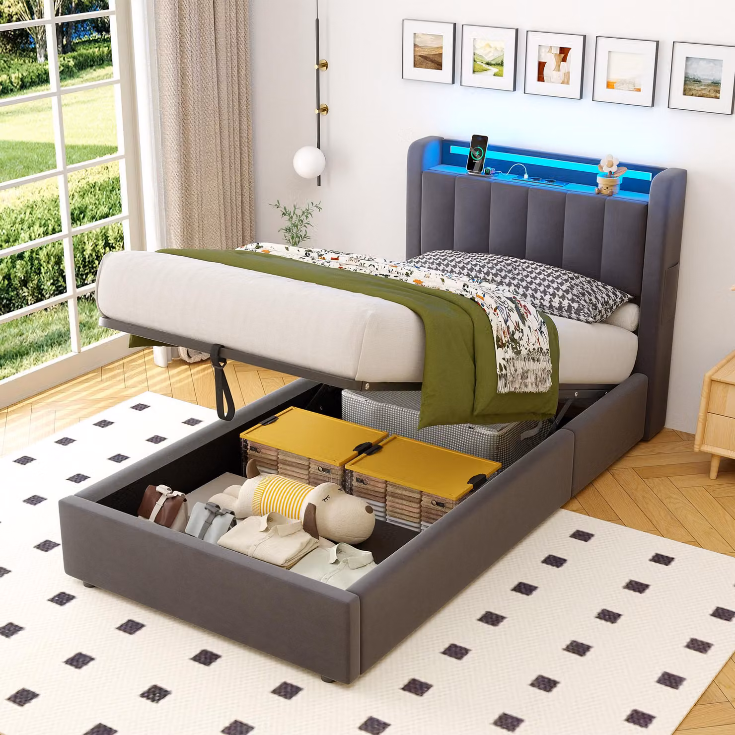 Letto boxspring MODFU per ragazzi 90x200 con luci a LED e prese elettriche, letto imbottito con contenitore, letto con spazio contenitivo, senza materasso, grigio