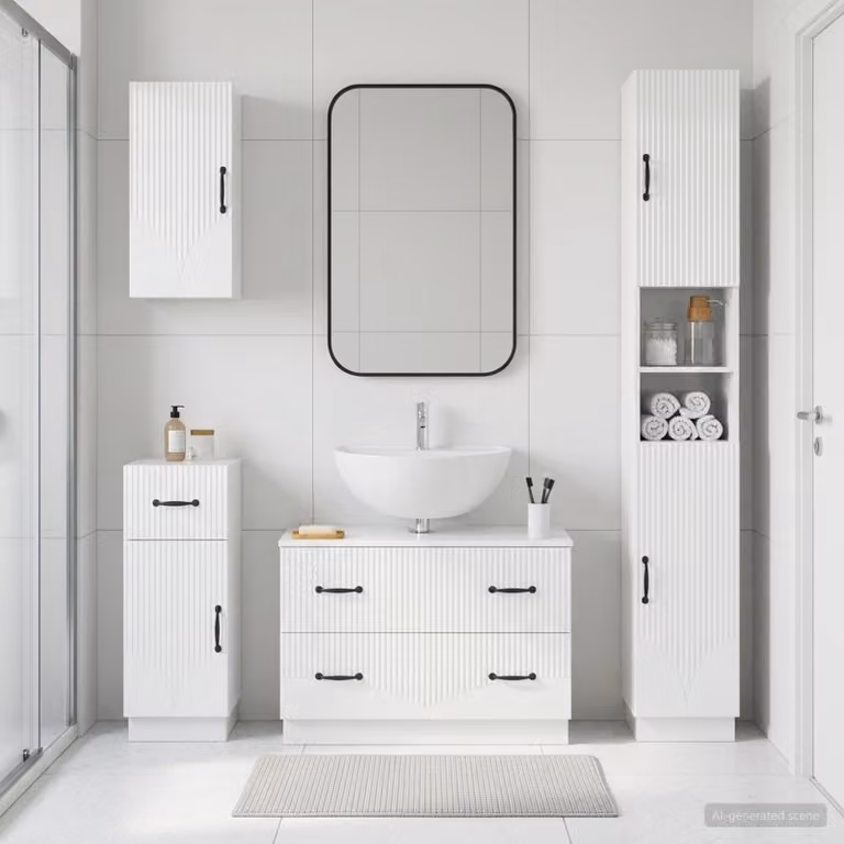 Set di mobili da bagno moderno vidaXL HOORN in 4 pezzi bianco lucido con mobile sottolavabo e pensile a muro