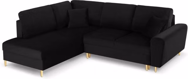 Divano angolare sinistro convertibile con contenitore Kyoto di Cosmopolitan Design in velluto nero e dettagli oro, 5 posti, L 243 cm x P 124,6 cm x H 88 cm – 1