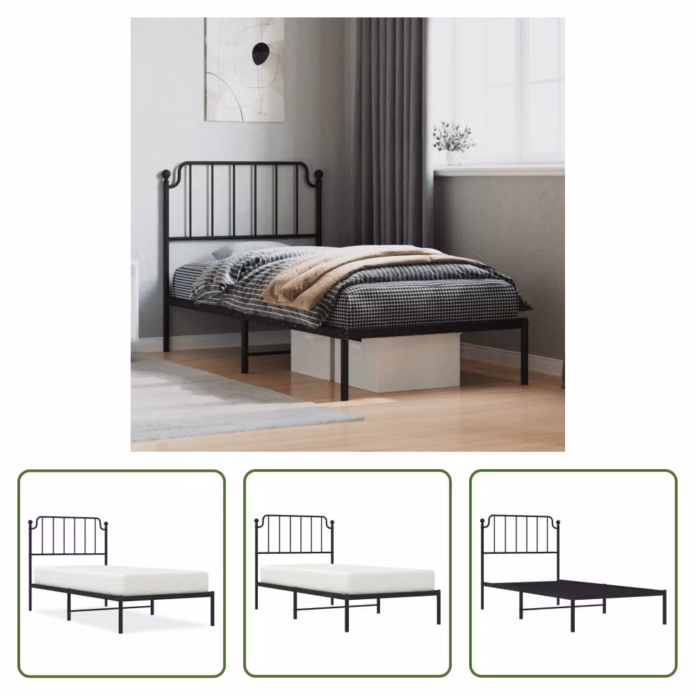 The Living Store Struttura letto con testiera in metallo nero 90x200 cm