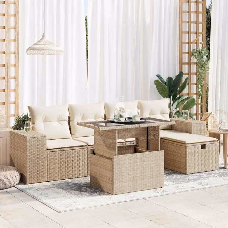 Set Divano da Giardino vidaXL 6 pz in Polyrattan Beige con Cuscini e Tavolino da Esterno a Forma di L
