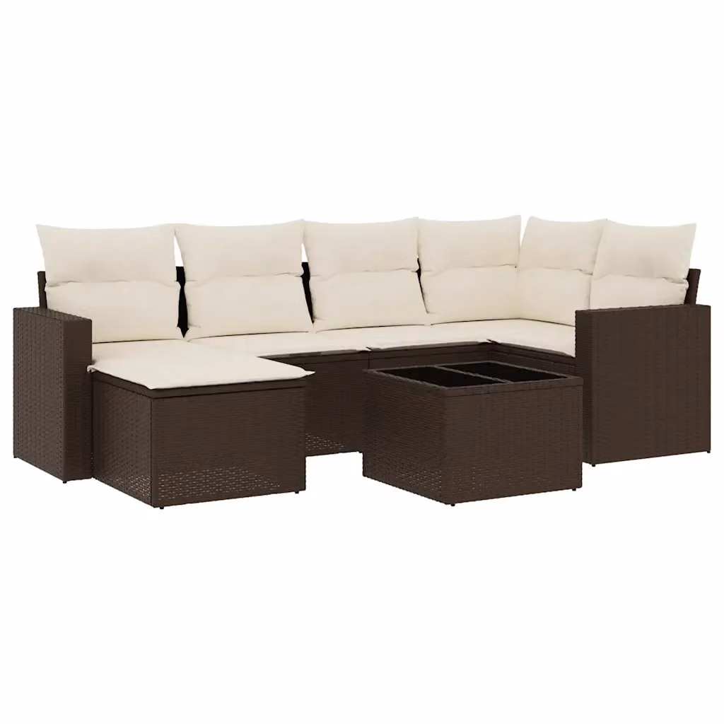 Set di divani da giardino vidaXL 7 pezzi con cuscini marroni e bianchi in rattan e acciaio con design moderno a forma di L per esterno – 2