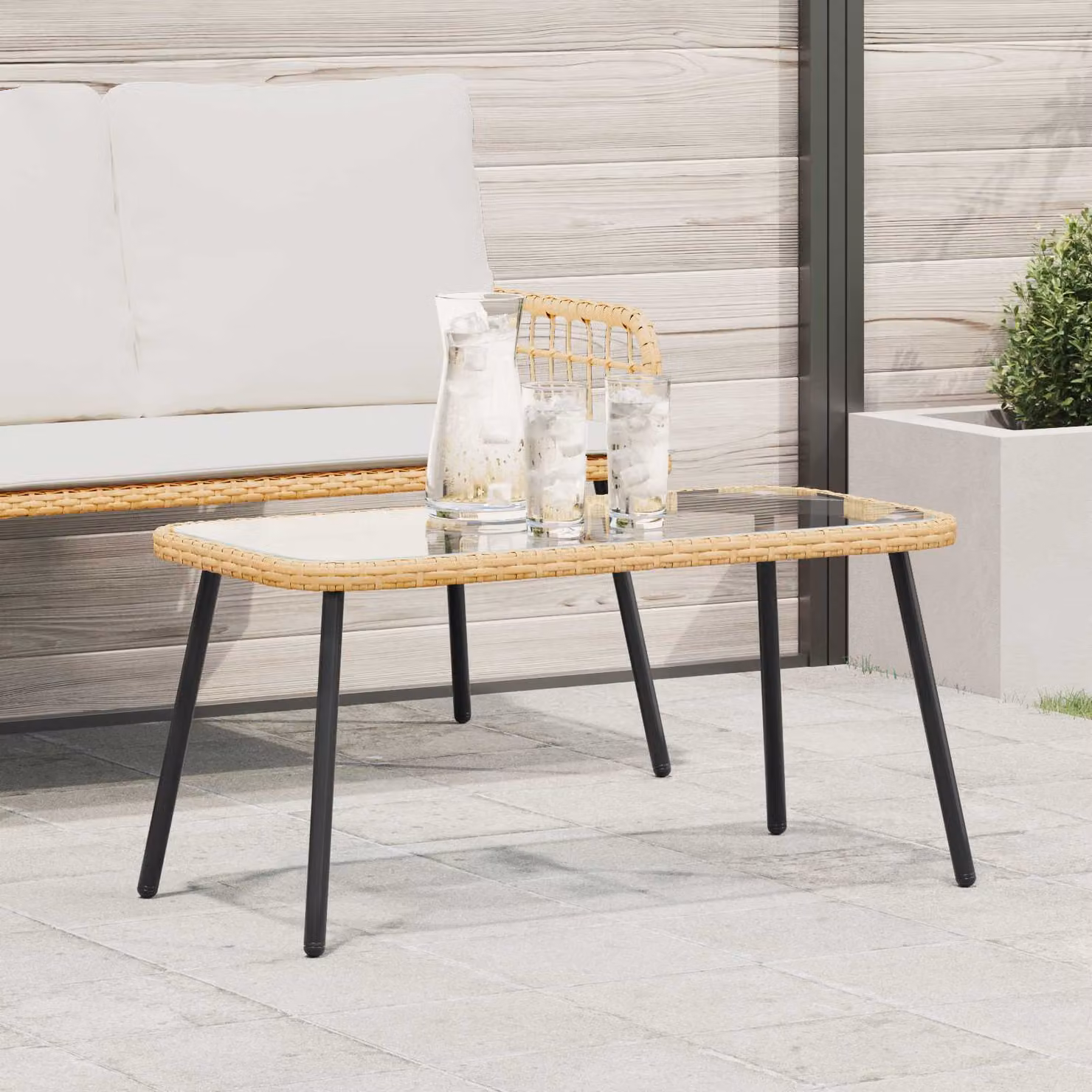 Tavolino da salotto moderno vidaXL in polyrattan e vetro, Marrone e Nero, L: 90 cm, P: 45 cm, H: 43 cm