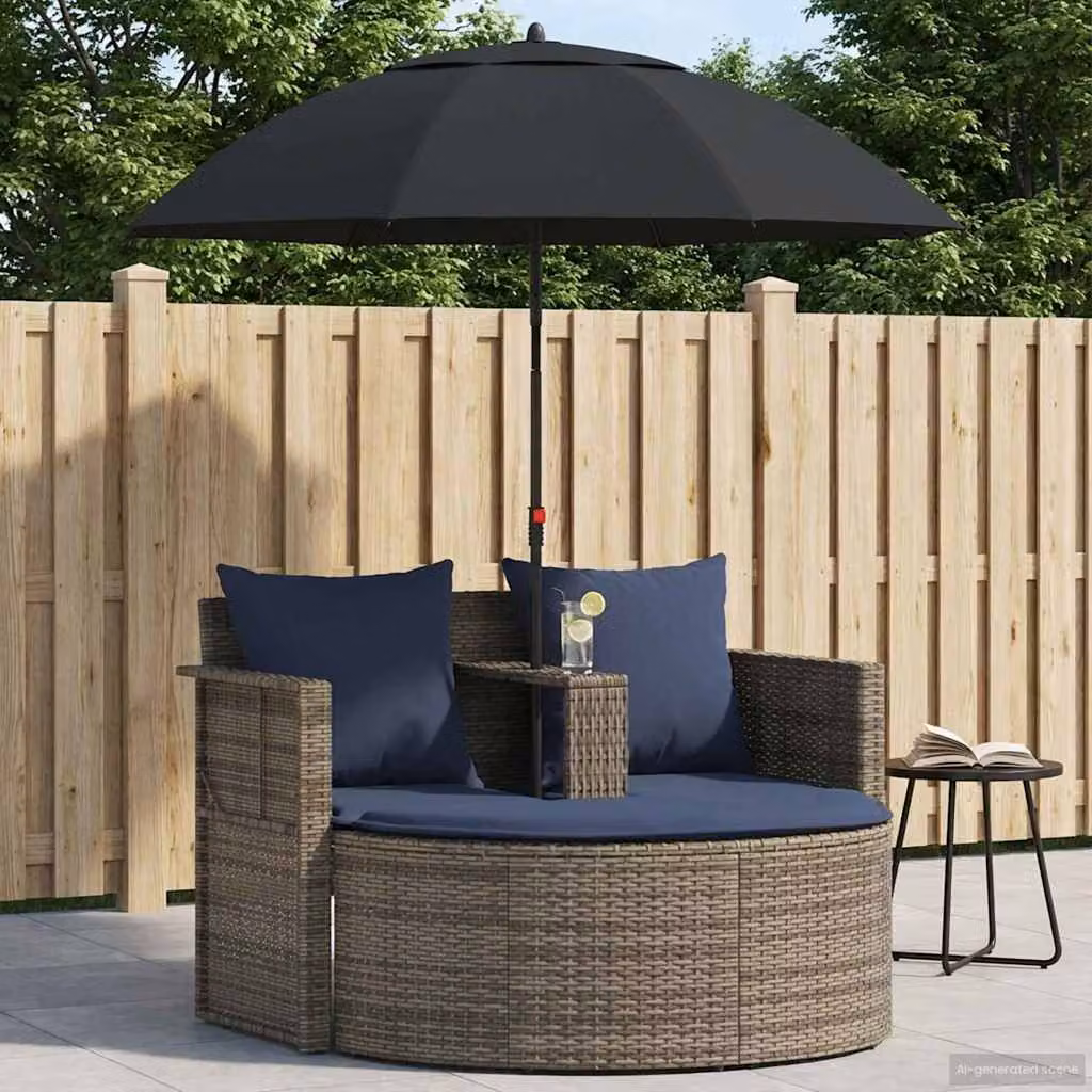 Set da giardino vidaXL in polyrattan composto da 8 pezzi, colore grigio e blu navy, con divano a L, poltrone e pouf con cuscini inclusi