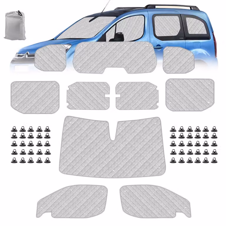 Kit di protezione solare da 10 pezzi per Citroen Berlingo (versione corta) dal 2018 al 2025: parabrezza, vetri laterali, lunotto, tappetino termico, custodia per il trasporto