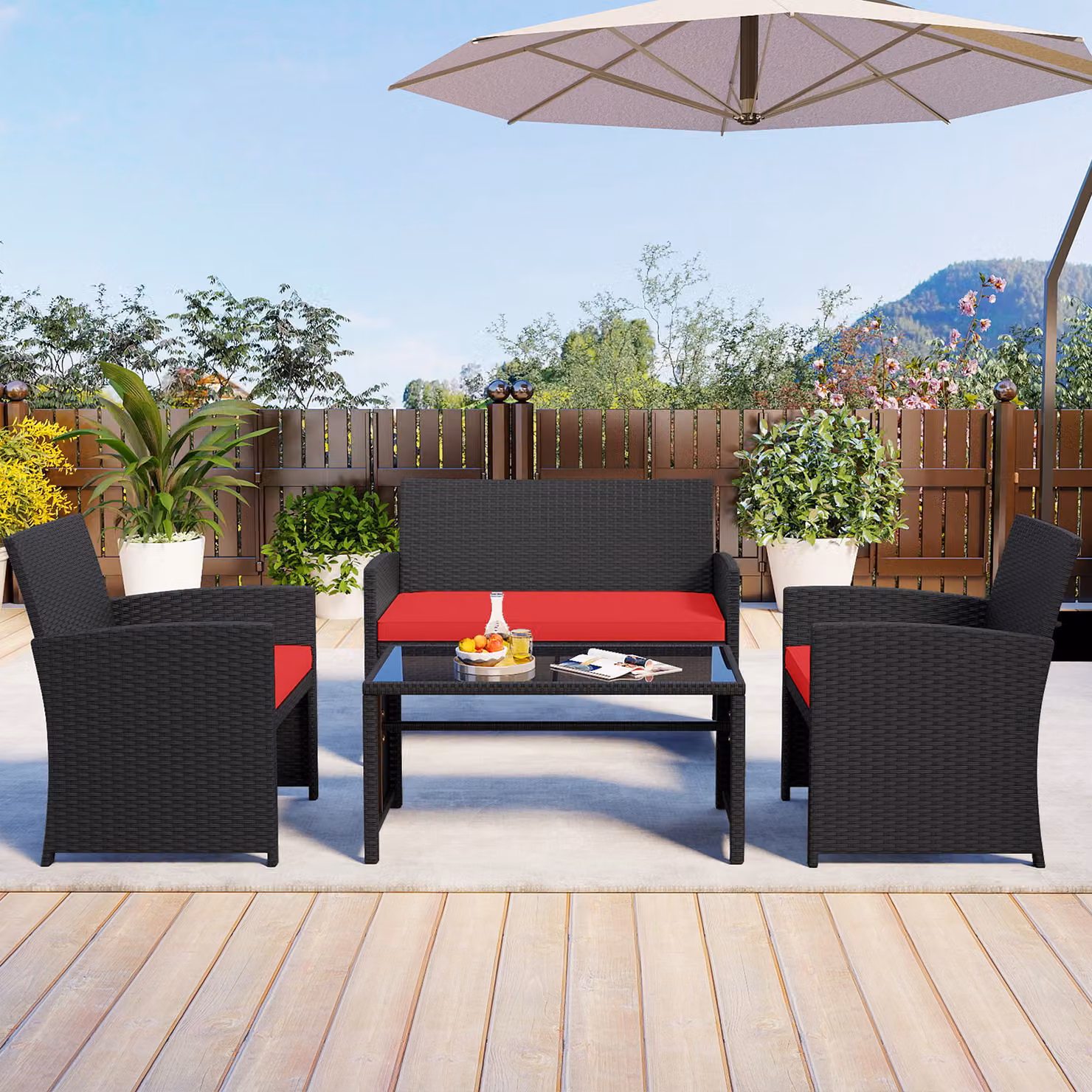 Set da salotto da esterno Costway in rattan 4 pezzi con divanetto, poltrone e tavolino in vetro temperato, colore rosso e nero