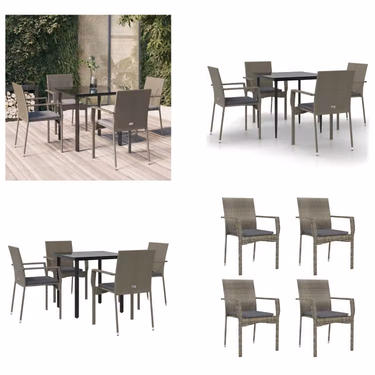 vidaXL Set da pranzo da giardino 5 pezzi con cuscini in poly rattan nero e grigio - Set da pranzo da giardino - Set da pranzo da giardino - Set da pranzo da terrazza