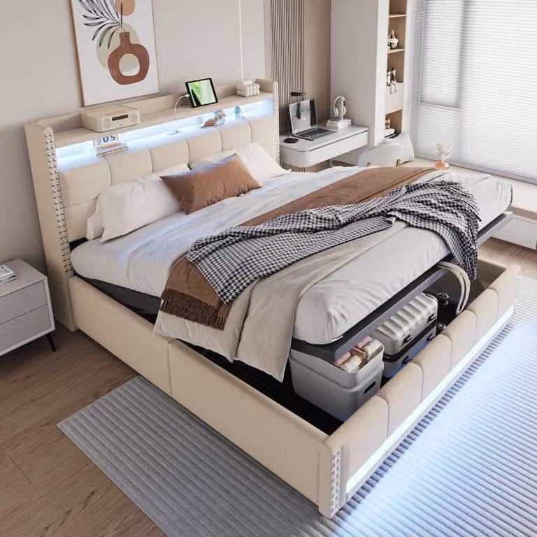 Letto imbottito idraulico Merax 180x200 cm per bambini con illuminazione a LED e presa USB, letto singolo con contenitore sulla testata, tessuto di lino beige
