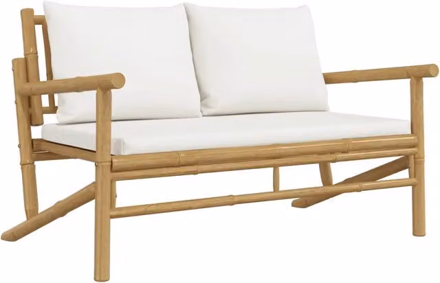 Panchina da giardino in bambù con cuscini bianco e beige con braccioli L/P/H: 115 x 75 x 74 cm – 1