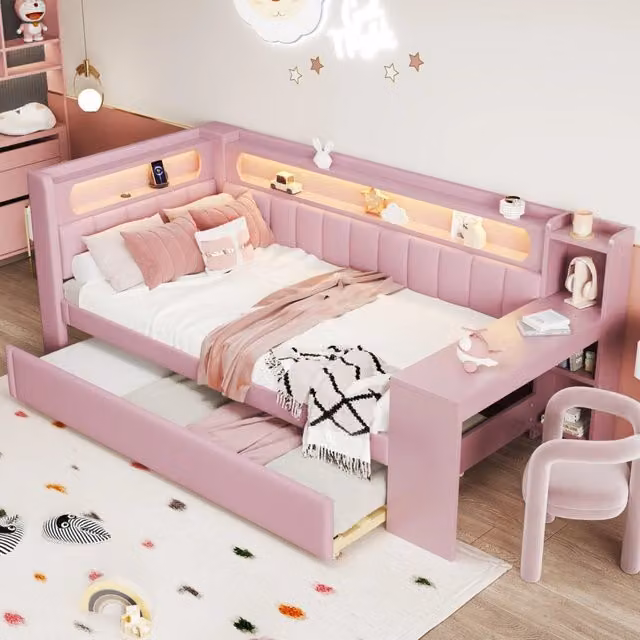 Letto estraibile 90×200 cm e 90×190 cm, 2 posti con scrivania, mensole, USB e LED, senza materassi, rosa