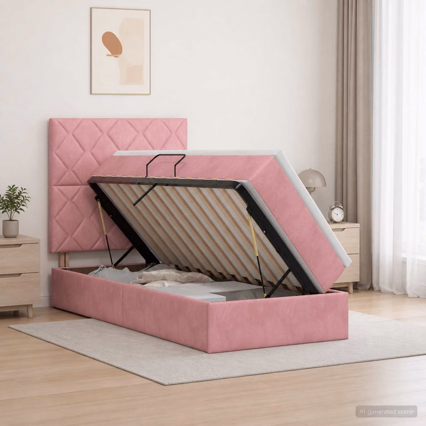 Letto con contenitore e materasso vidaXL in velluto rosa, L/P/H: 90 x 200 x 128 cm