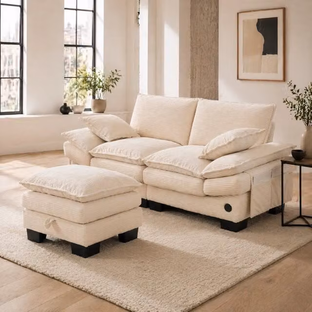 Divano 2 posti ULEVR 190x132x84 cm con pouf contenitore, porta USB-C e tasche laterali, velluto a coste beige