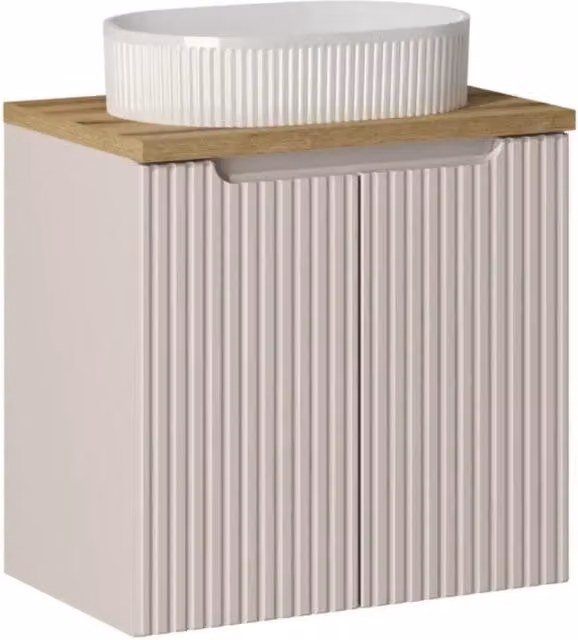 Set VANO cachemire e quercia 60cm: mobile sottolavabo con armadietti + top per lavabo + lavabo da appoggio bianco scanalato