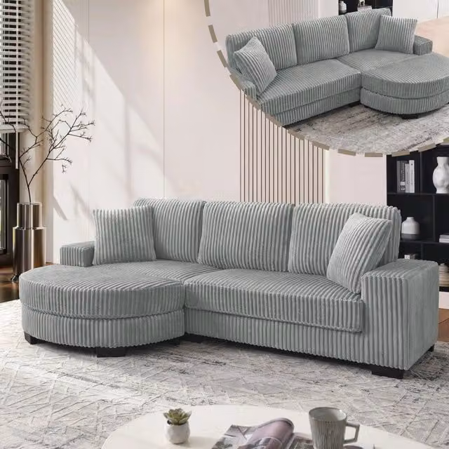 Divano Angolare 4 Posti con Poggiapiedi ¨C MINIMAL ¨C Tessuto Velluto a Coste Grigio, 256x134x89 cm