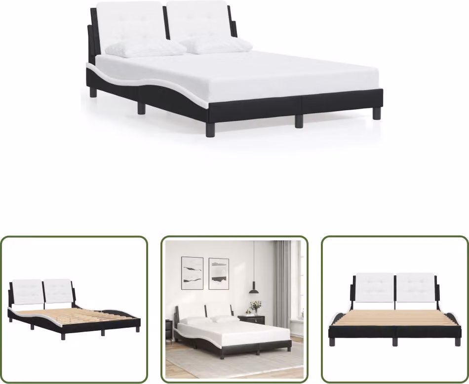 The Living Store Giroletto con testiera bianco e nero 140x190 cm in ecopelle
